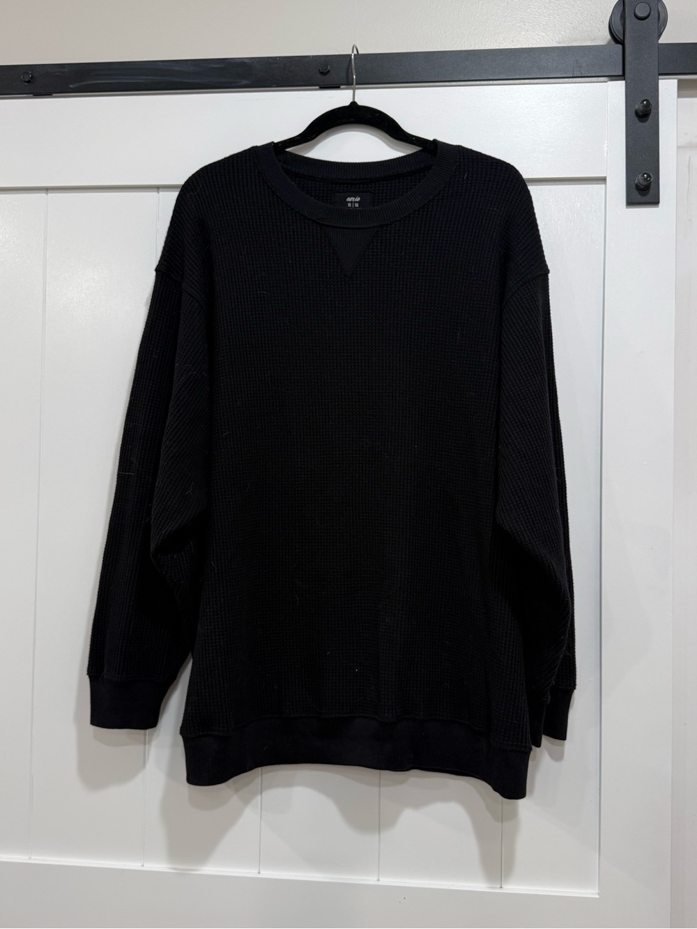 aerie Black Waffle-Knit Crew Sweatshirt